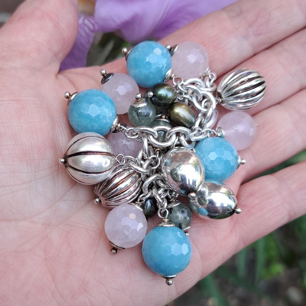 Milor Italy Sterling Pearl Rose Quartz Charm Bracelet